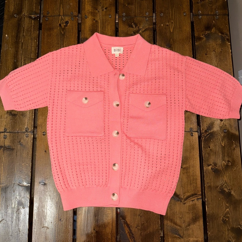 BiBi Pink Ribbed Knit Cardigan Sweater